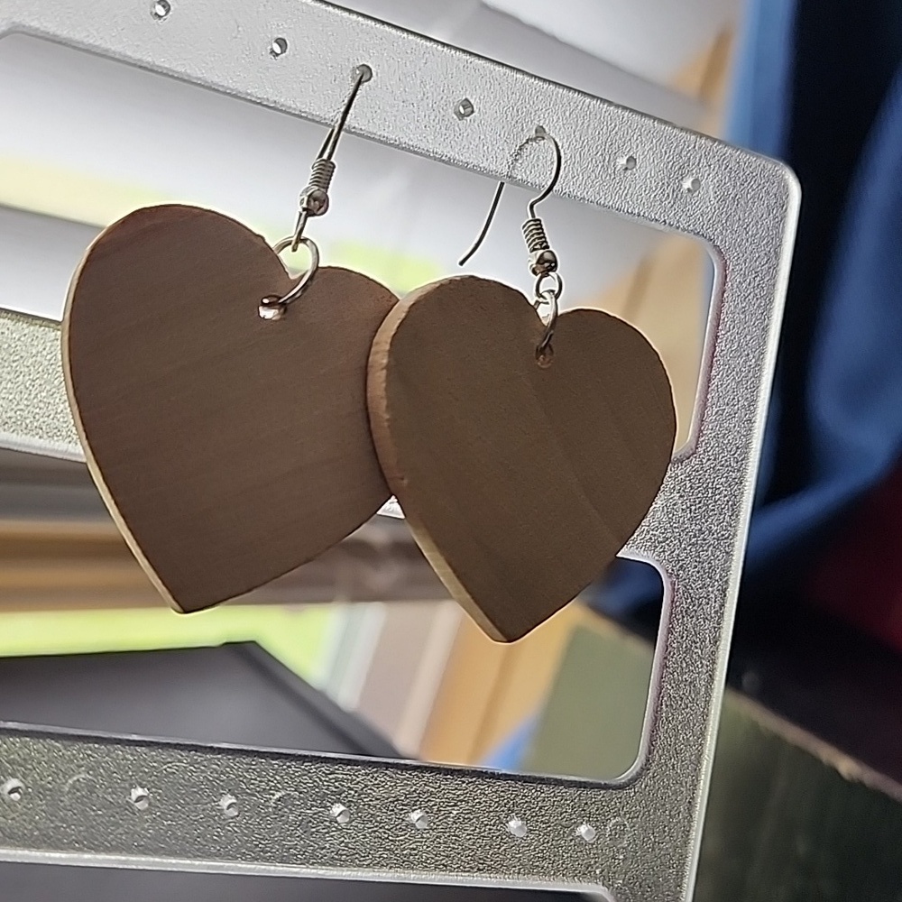 handmade Heart-Shaped Wooden Earrings